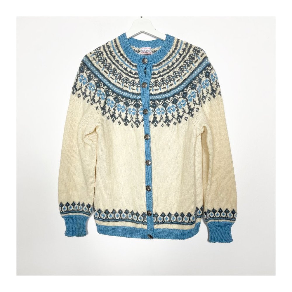 O. Allers A Bergen Norway Cardigan Sz S / M Handknitted Wool White Blue Vintage